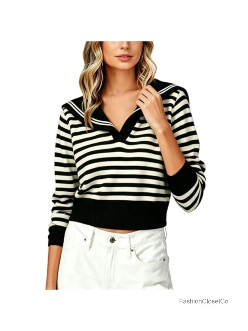 Women's Sailor Collar Striped V-Neck Knit Pullover Cropped Sweater
